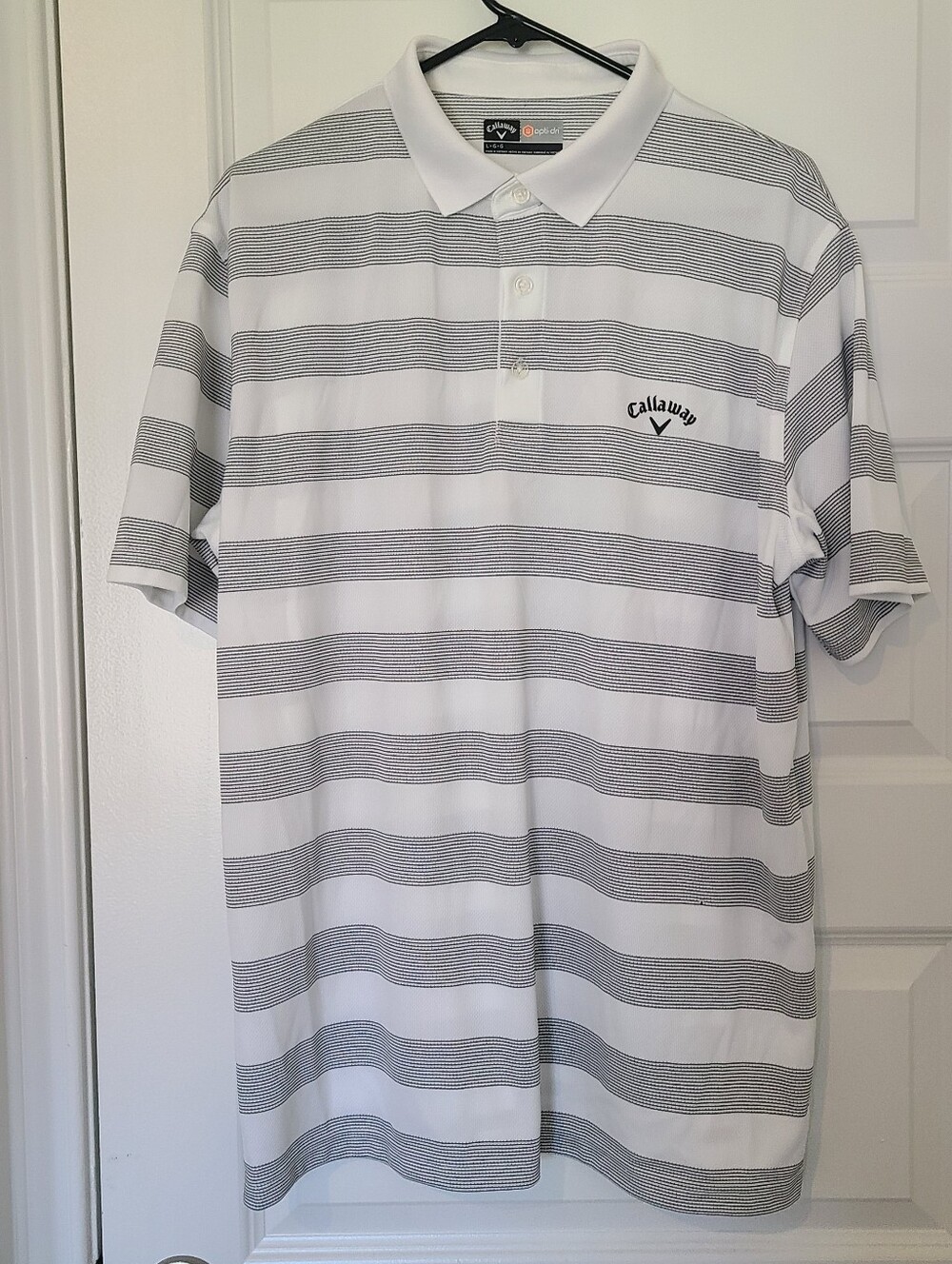 Callaway Opti-Dri White Black Striped Short Sleeve Golf Polo Shirt Men's L